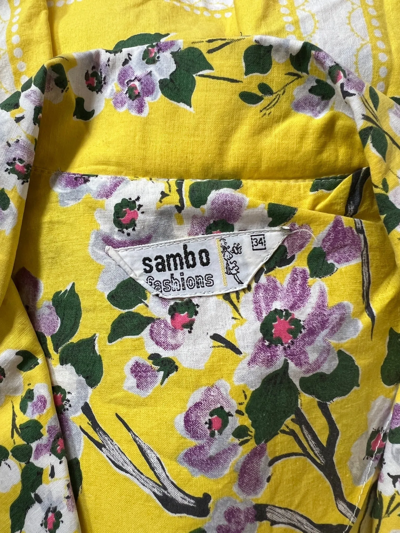 1960s Sambo Fashions Yellow and Lilac Floral Print Dress