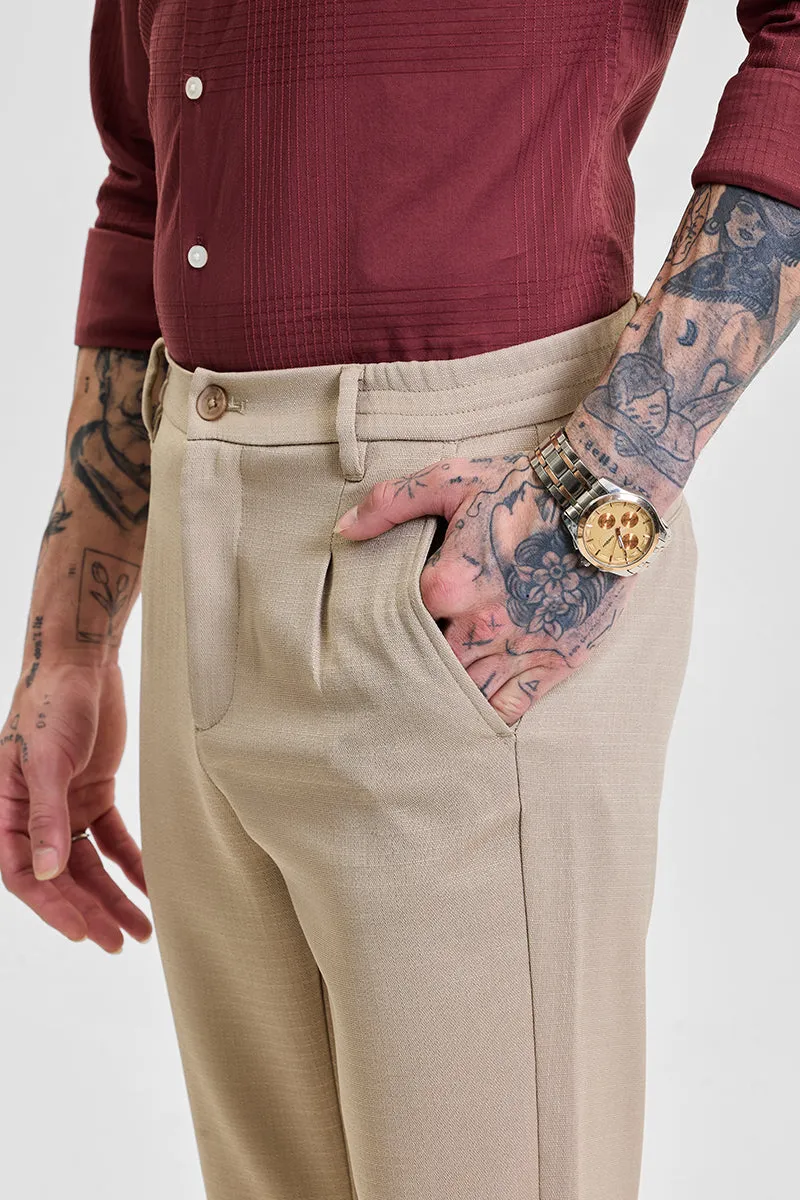 Beige Self-Design Slim Fit Trousers