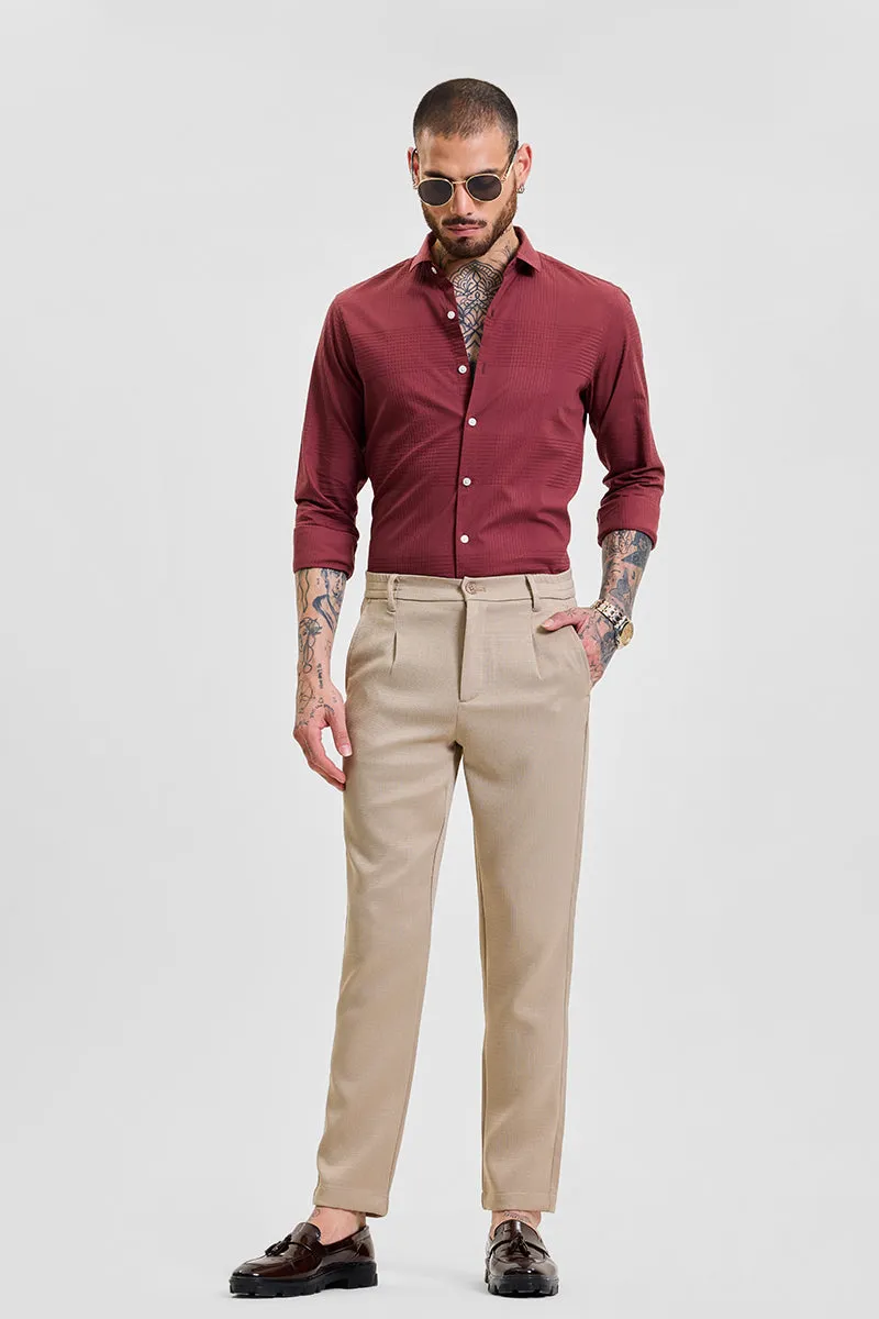 Beige Self-Design Slim Fit Trousers