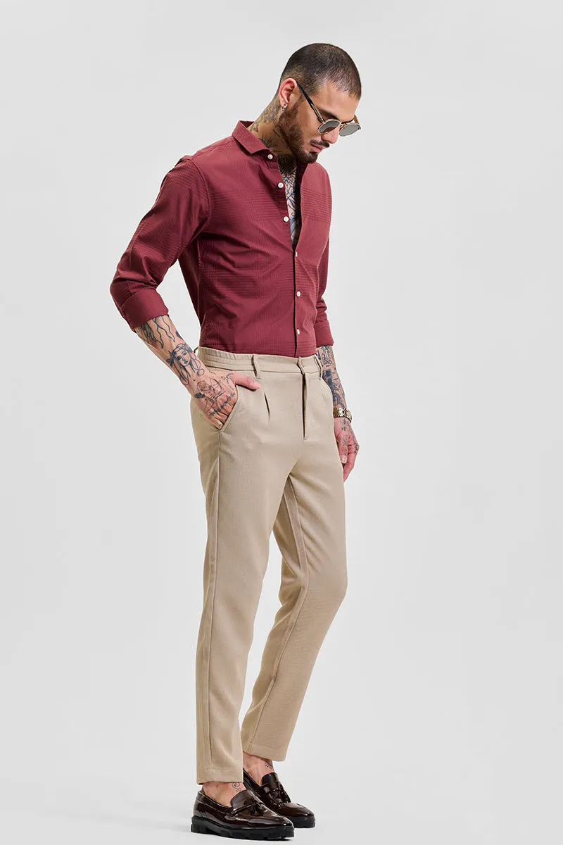 Beige Self-Design Slim Fit Trousers
