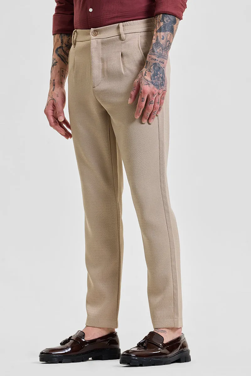 Beige Self-Design Slim Fit Trousers