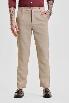 Beige Self-Design Slim Fit Trousers
