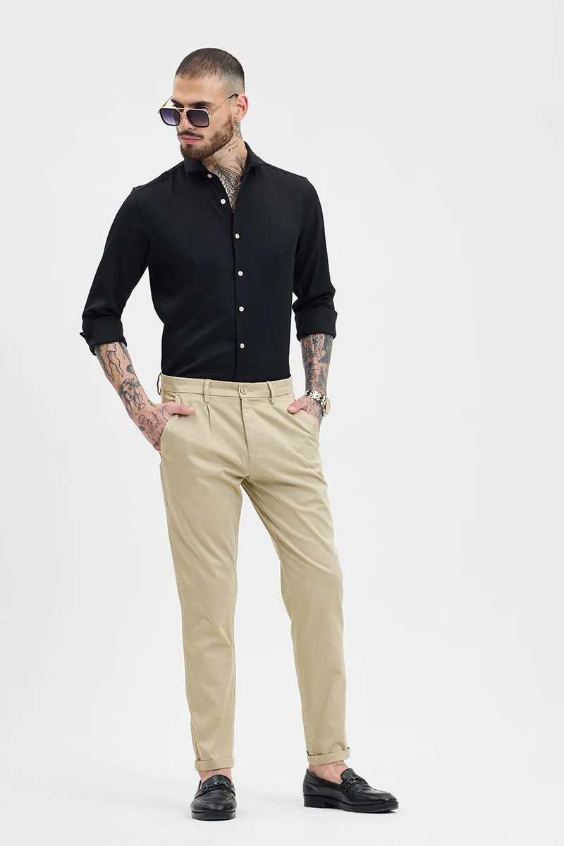 Beige Slim Fit Pleated Trousers