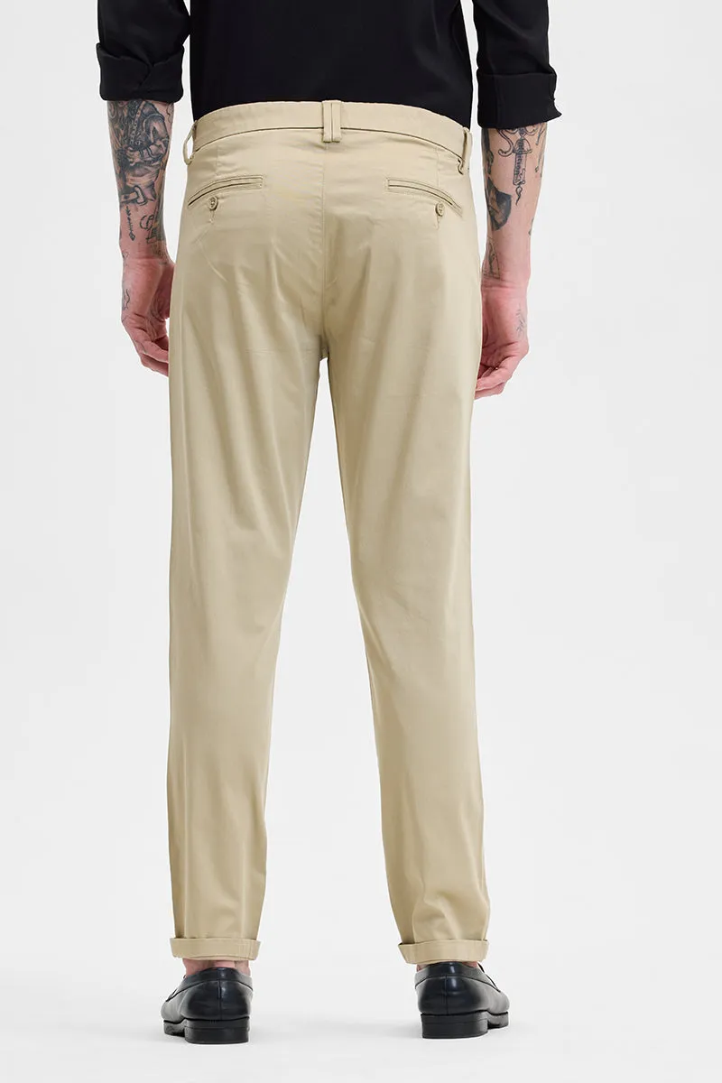 Beige Slim Fit Pleated Trousers