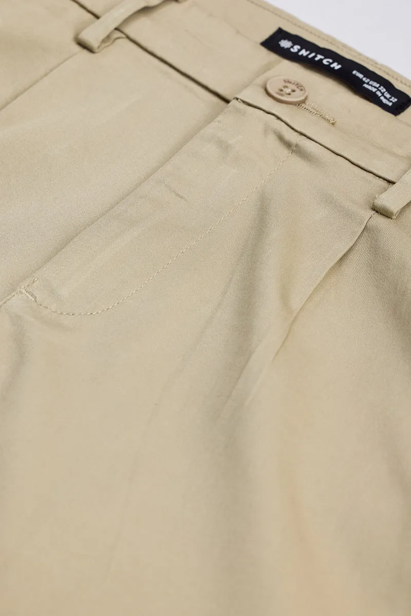 Beige Slim Fit Pleated Trousers