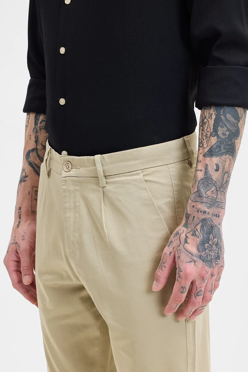 Beige Slim Fit Pleated Trousers