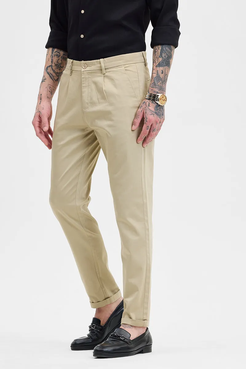 Beige Slim Fit Pleated Trousers