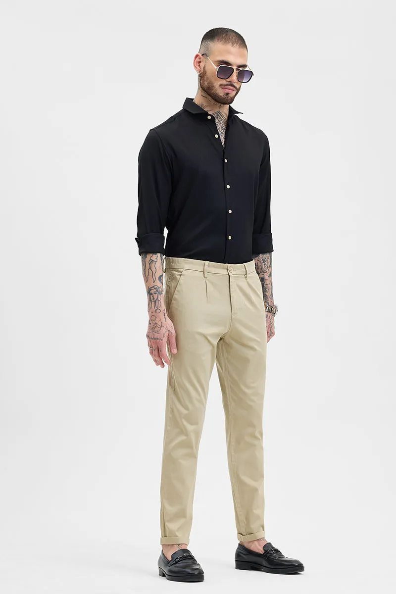 Beige Slim Fit Pleated Trousers
