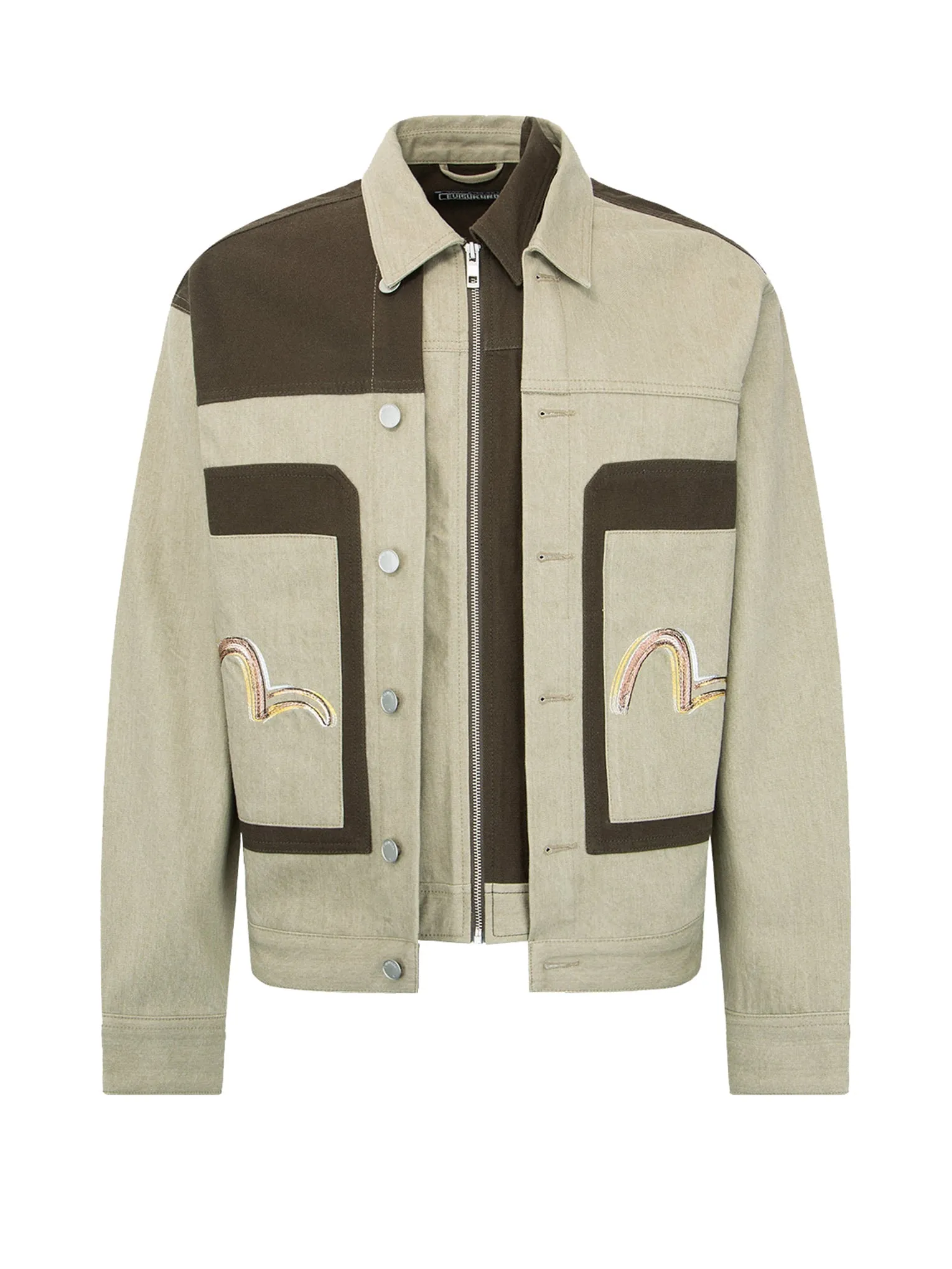 Brush Effect Seagull Print Colorblock Denim Jacket