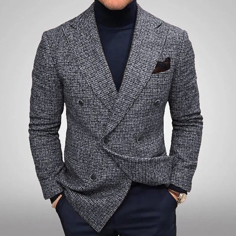 Business Plaid Notched Collar Button Pocket Long Sleeve Blazer 250199967