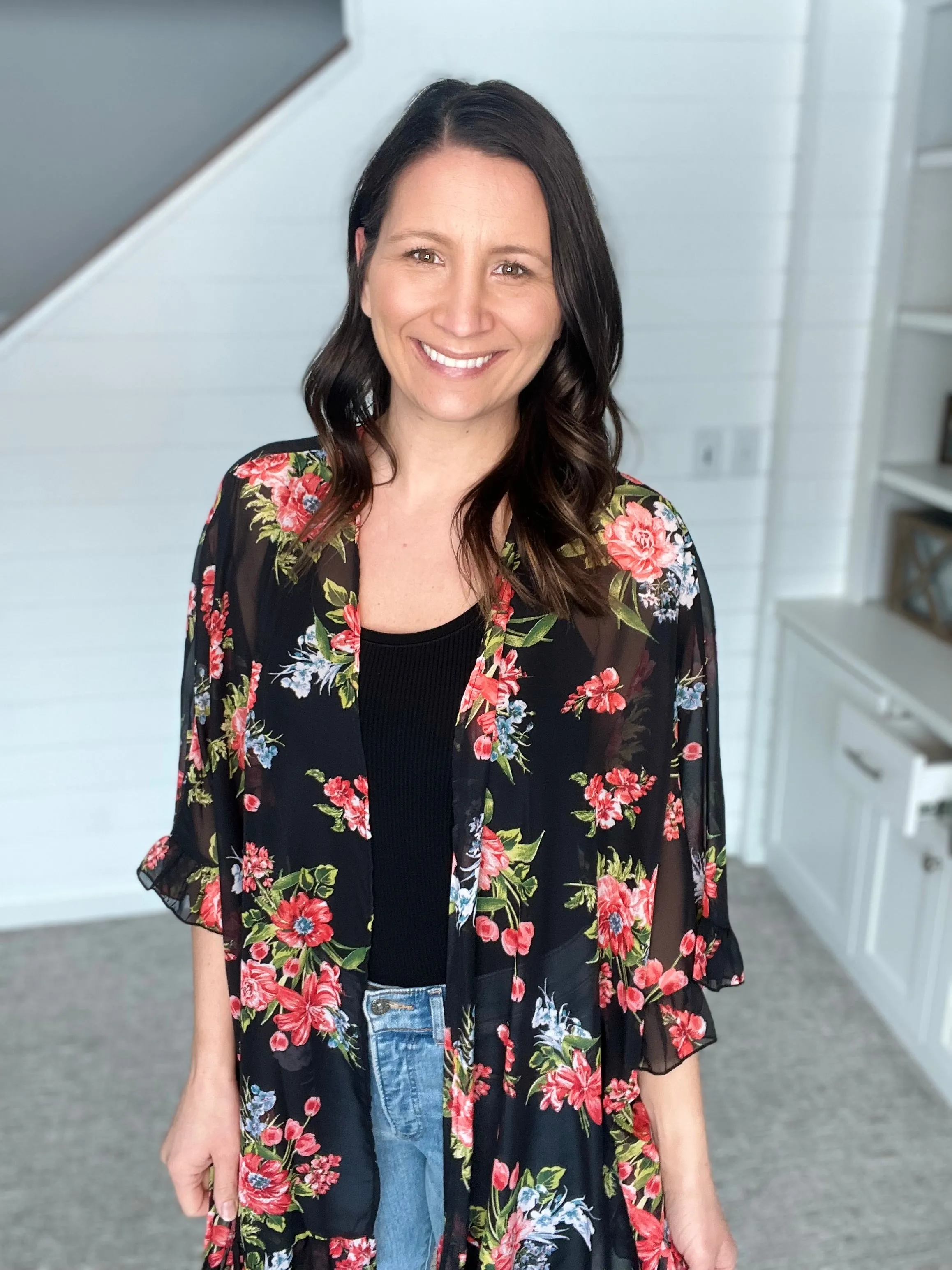 Chiffon Ruffle Floral Kimono