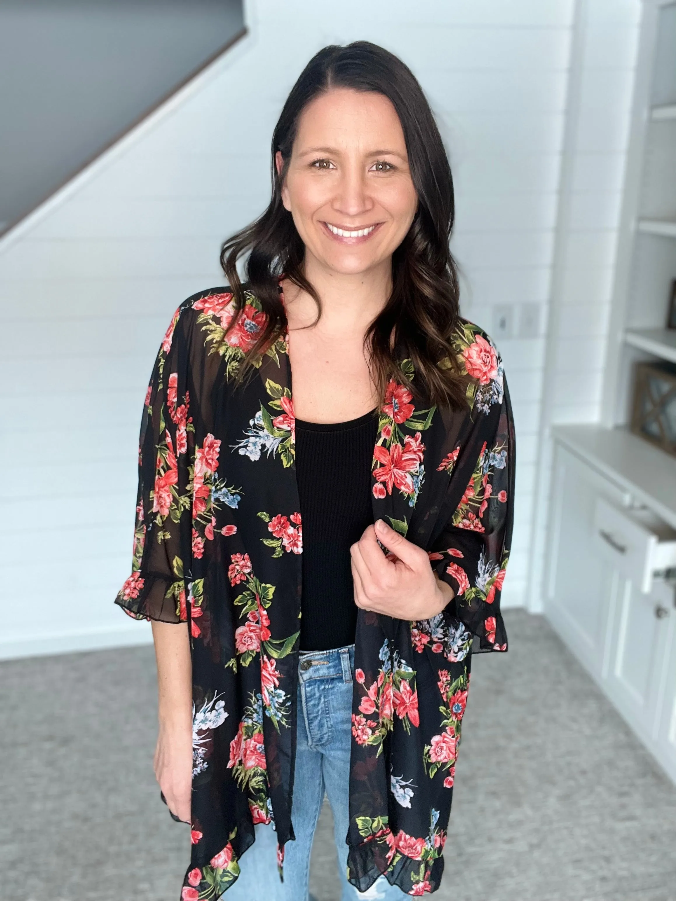 Chiffon Ruffle Floral Kimono