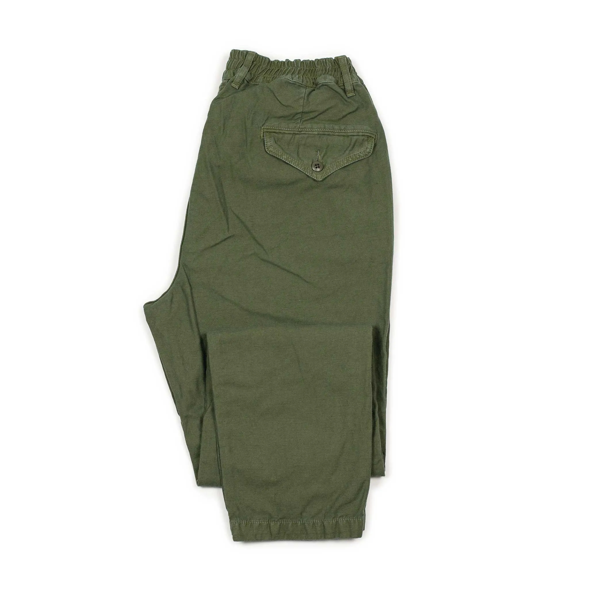 Easy chinos in olive green cotton and linen reverse sateen