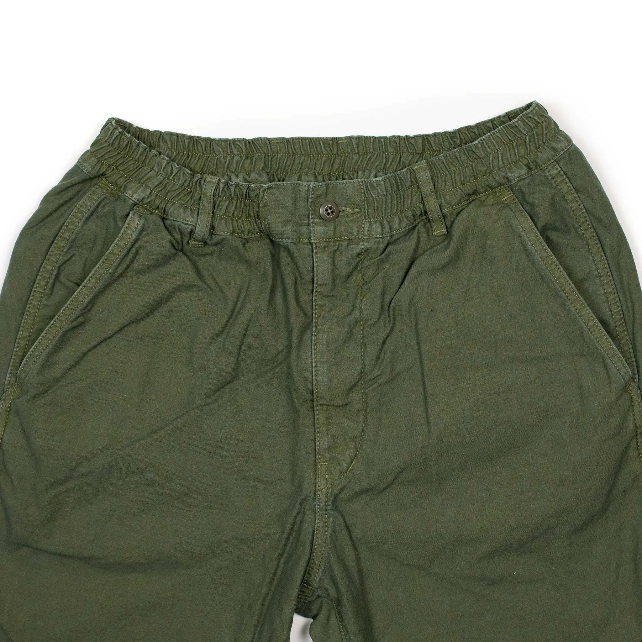 Easy chinos in olive green cotton and linen reverse sateen