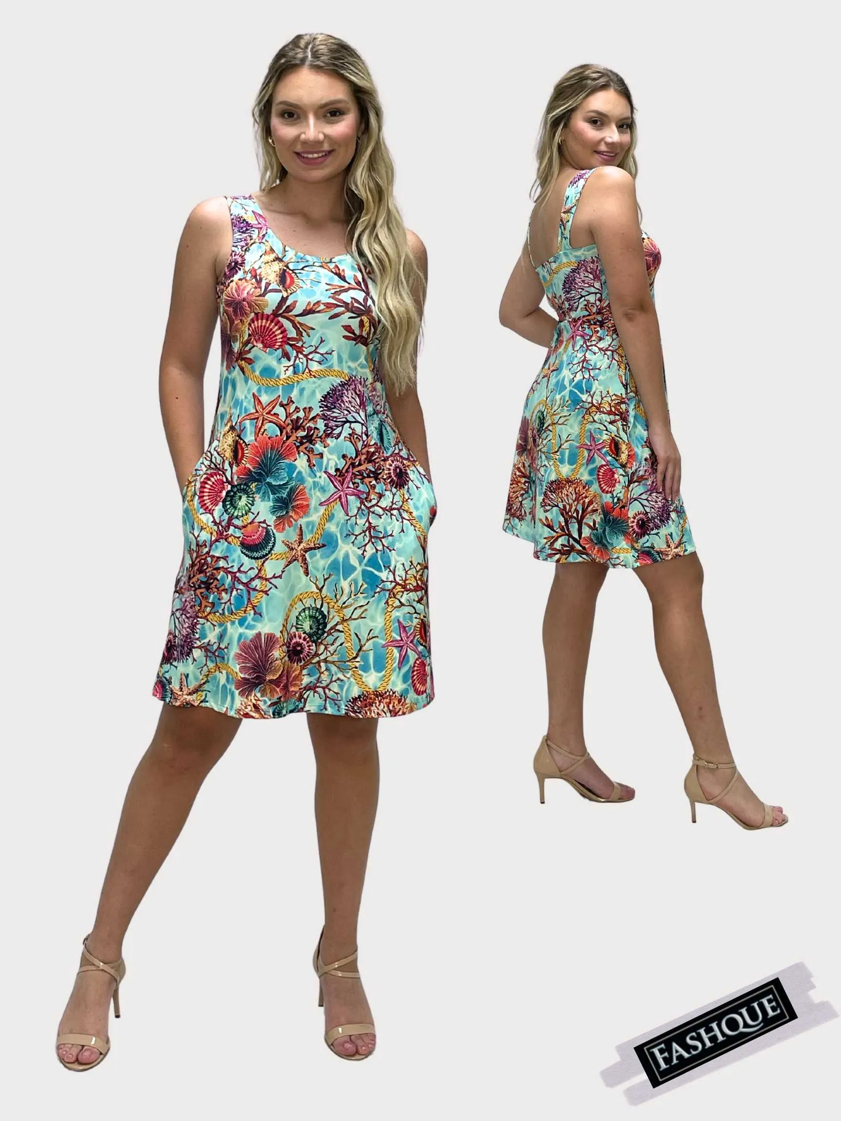 FASHQUE - SUNDRESS - Skater Style tank dress with square back with Pockets - D2061