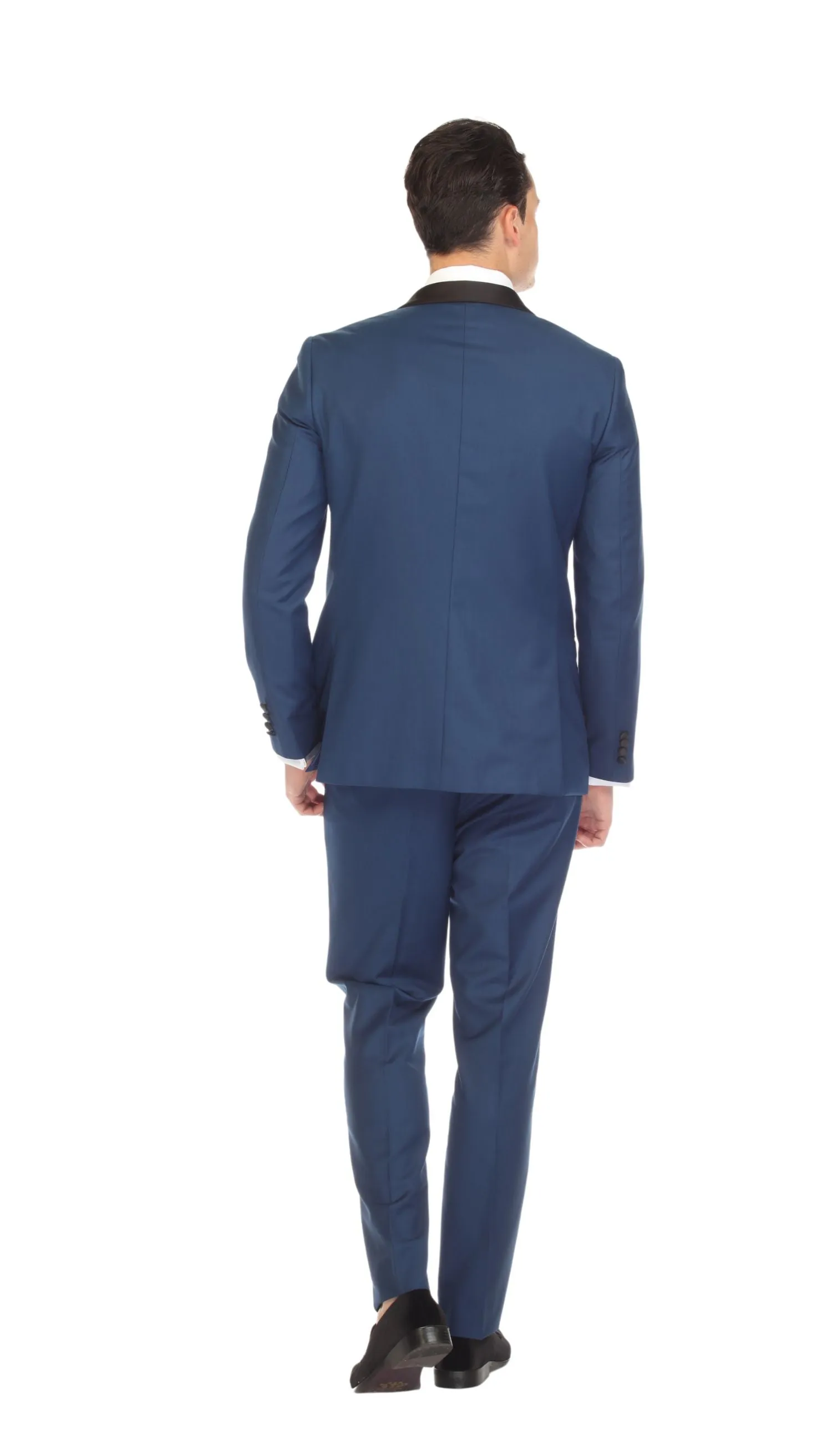 Ferrecci Slim Indigo Satin Black Shawl Collar Tuxedo Jacket With Black Pants
