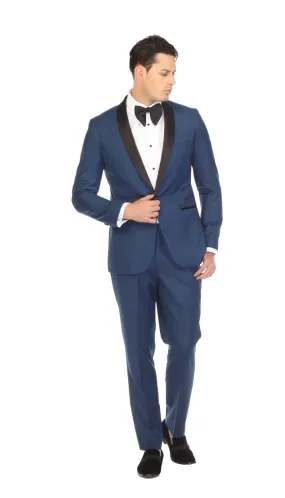 Ferrecci Slim Indigo Satin Black Shawl Collar Tuxedo Jacket With Black Pants