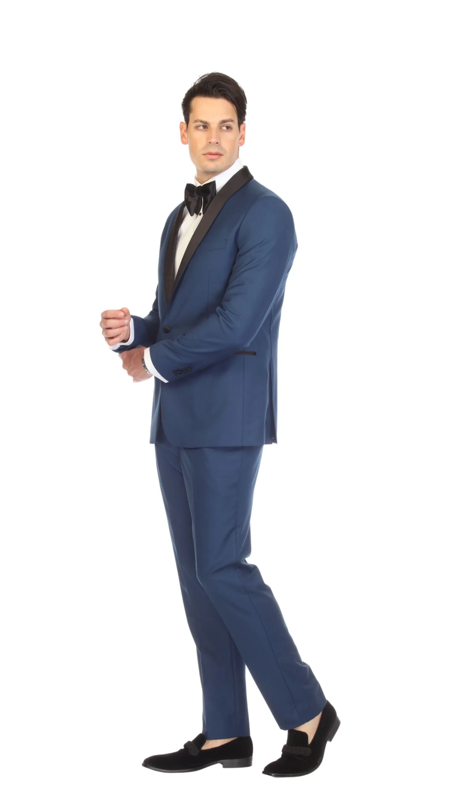 Ferrecci Slim Indigo Satin Black Shawl Collar Tuxedo Jacket With Black Pants