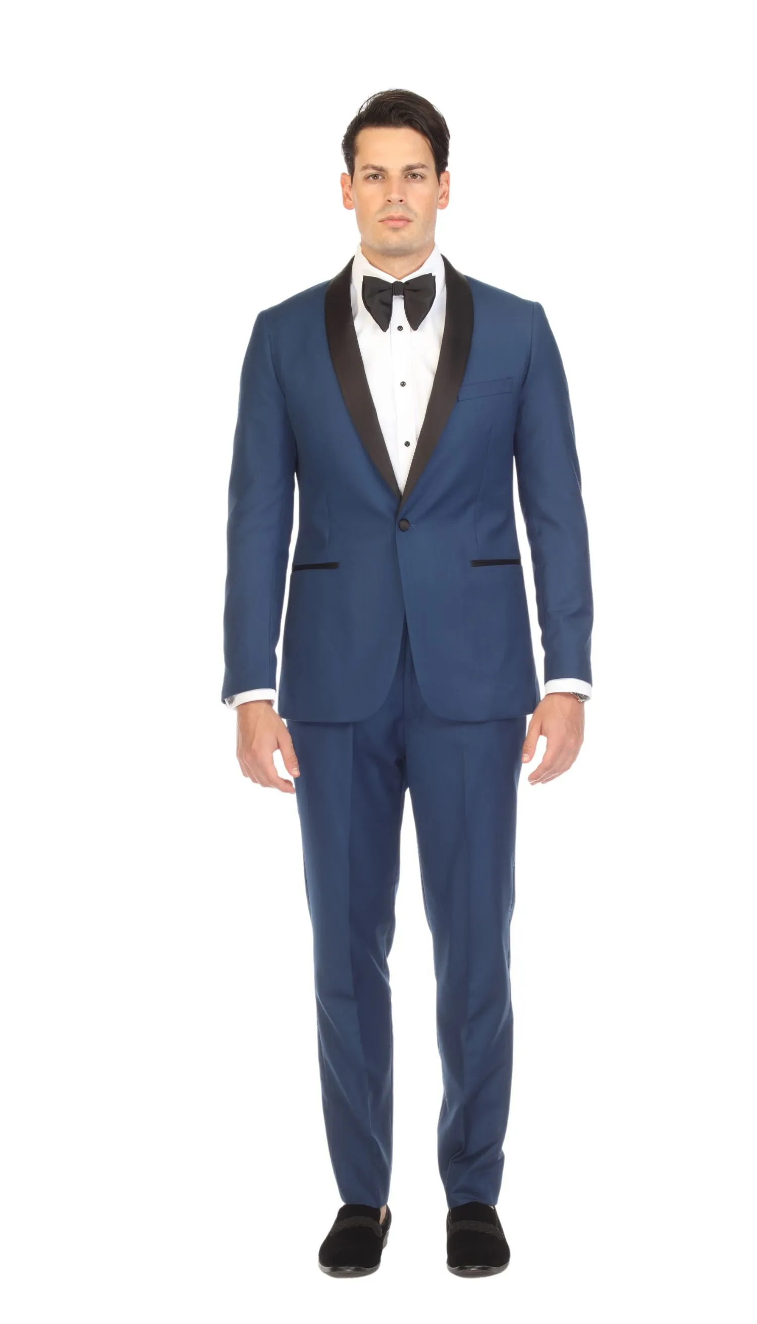 Ferrecci Slim Indigo Satin Black Shawl Collar Tuxedo Jacket With Black Pants