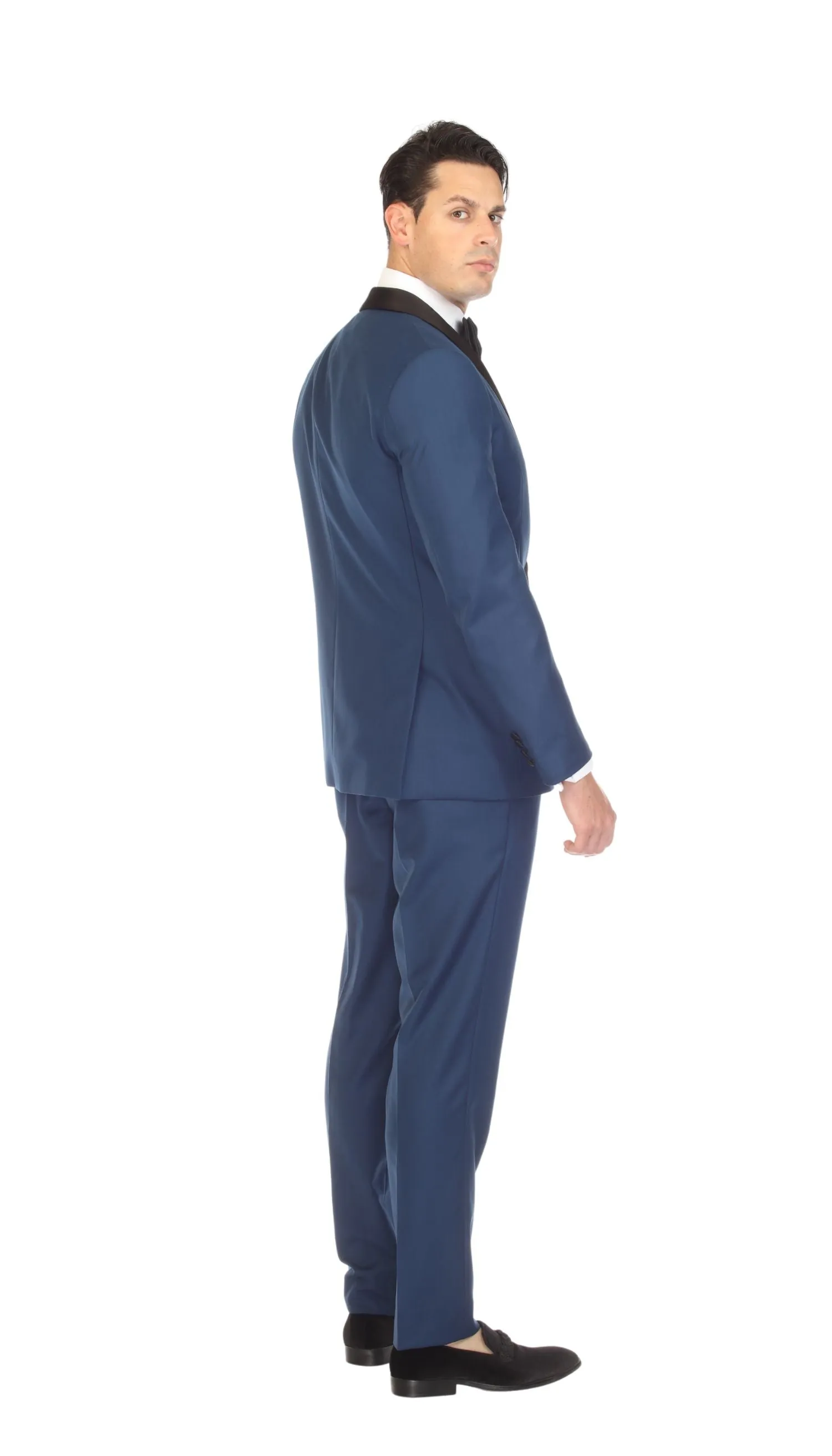 Ferrecci Slim Indigo Satin Black Shawl Collar Tuxedo Jacket With Black Pants