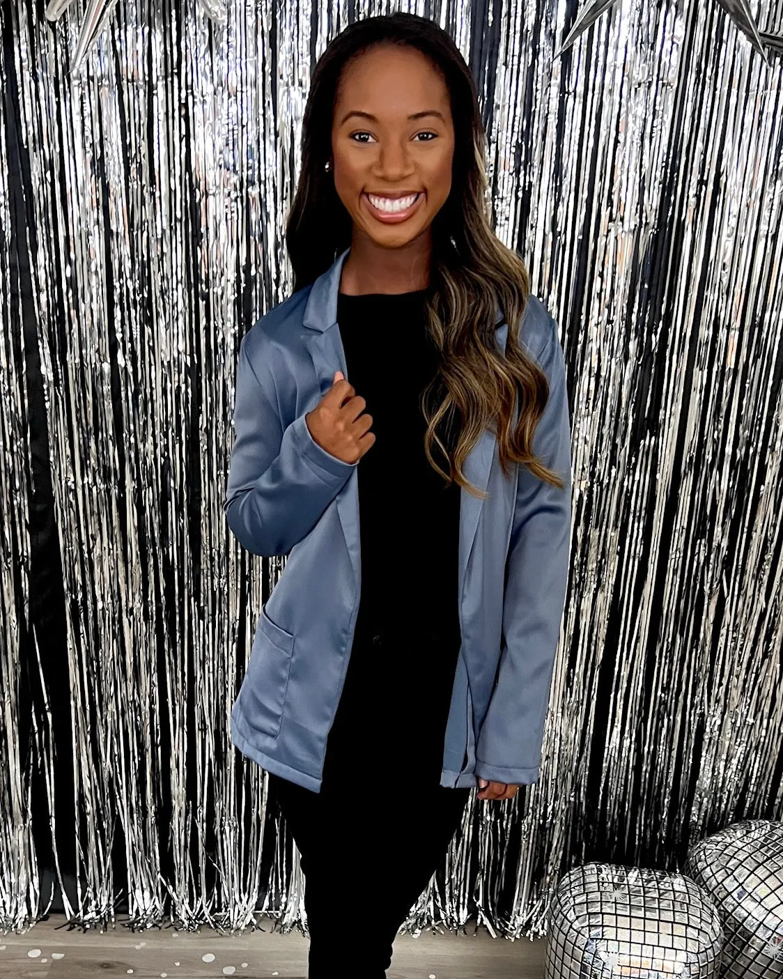 Keep It Up Slate Satin Blazer