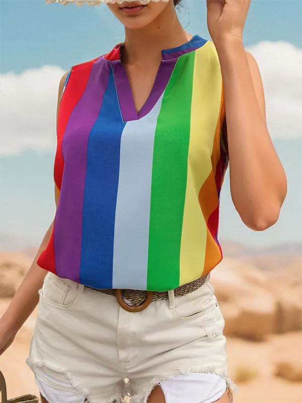 Malvina Women's Sleeveless Basic Shirt Tops Colorful Striped V-Neck Shirt