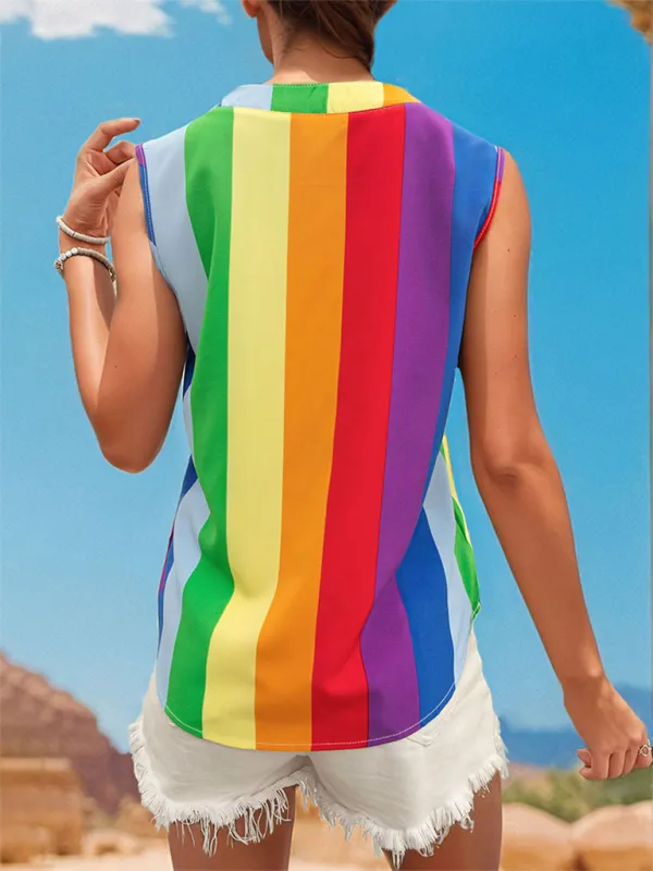 Malvina Women's Sleeveless Basic Shirt Tops Colorful Striped V-Neck Shirt