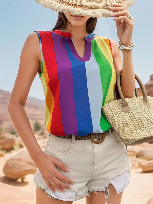 Malvina Women's Sleeveless Basic Shirt Tops Colorful Striped V-Neck Shirt