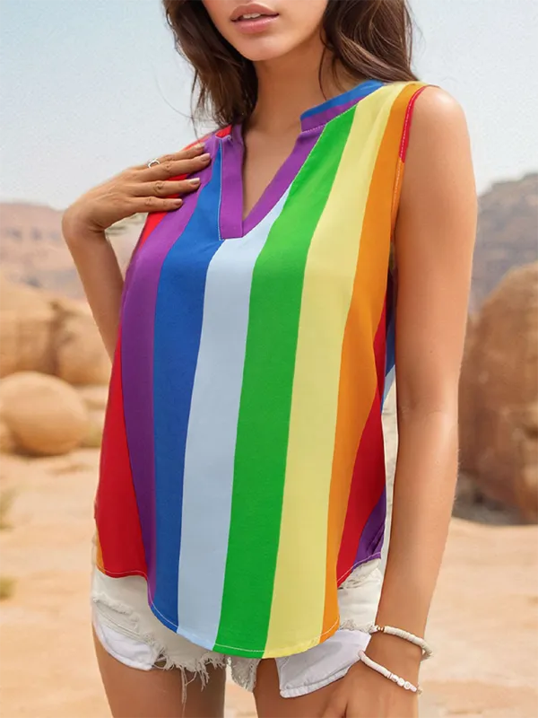 Malvina Women's Sleeveless Basic Shirt Tops Colorful Striped V-Neck Shirt