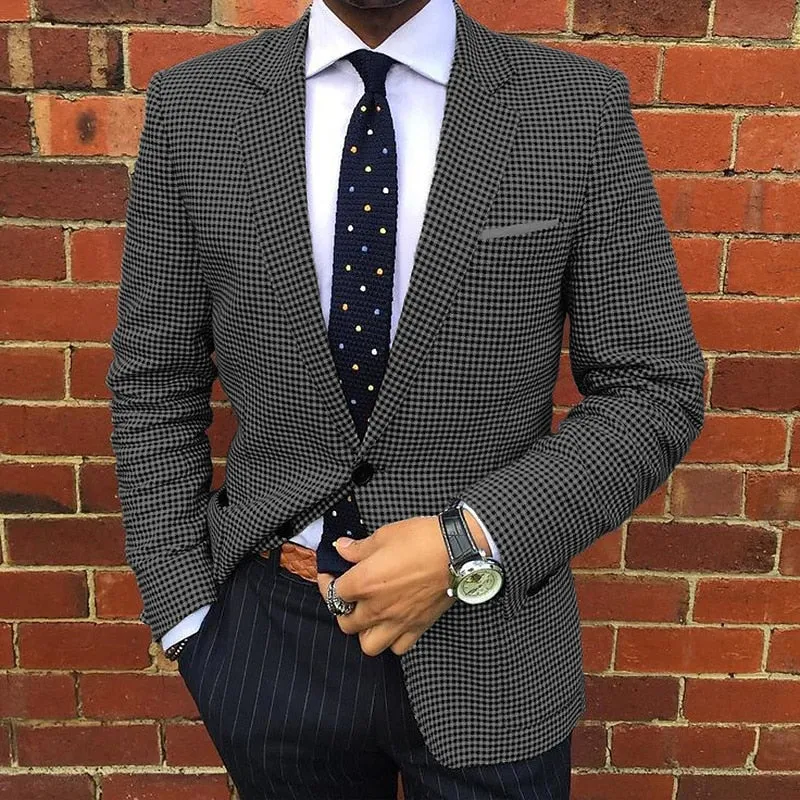Men's Business Houndstooth Pattern Button Notch Lapel Blazer 250199987