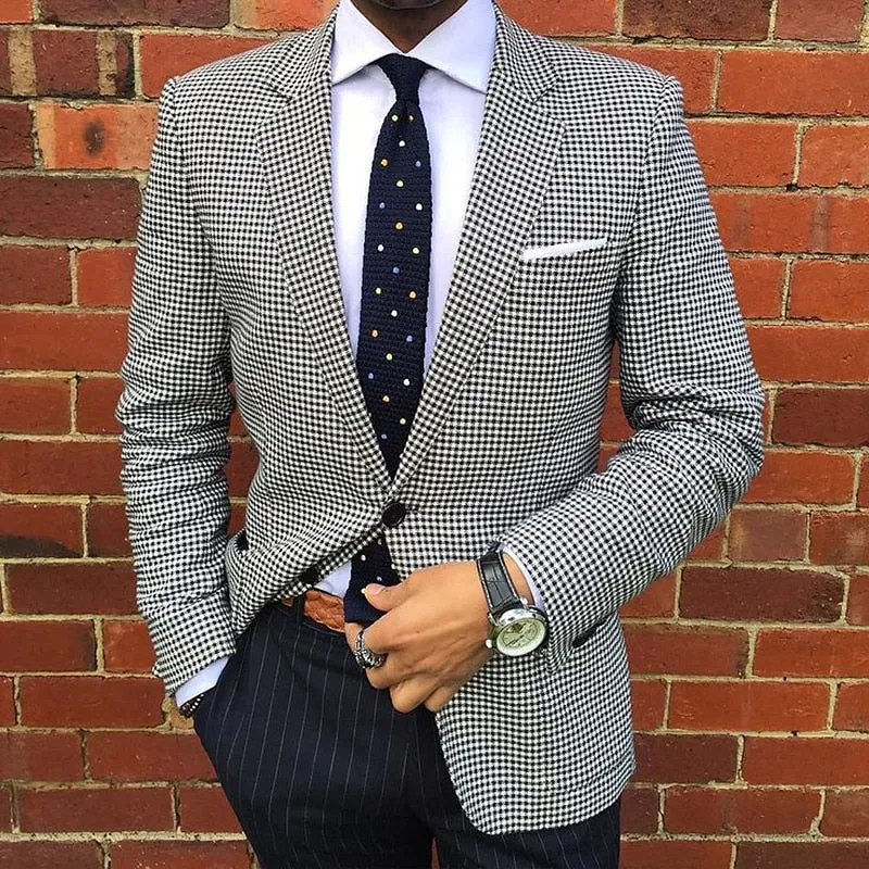 Men's Business Houndstooth Pattern Button Notch Lapel Blazer 250199987