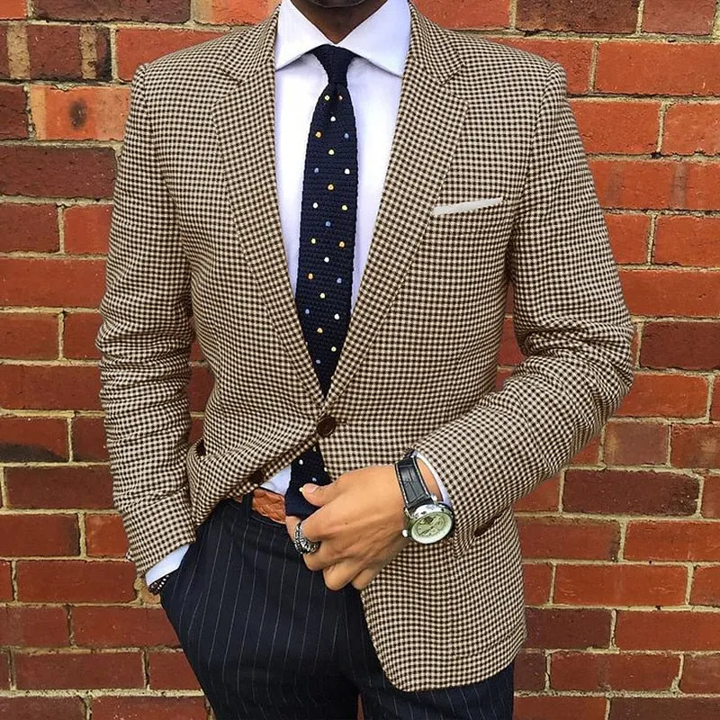 Men's Business Houndstooth Pattern Button Notch Lapel Blazer 250199987