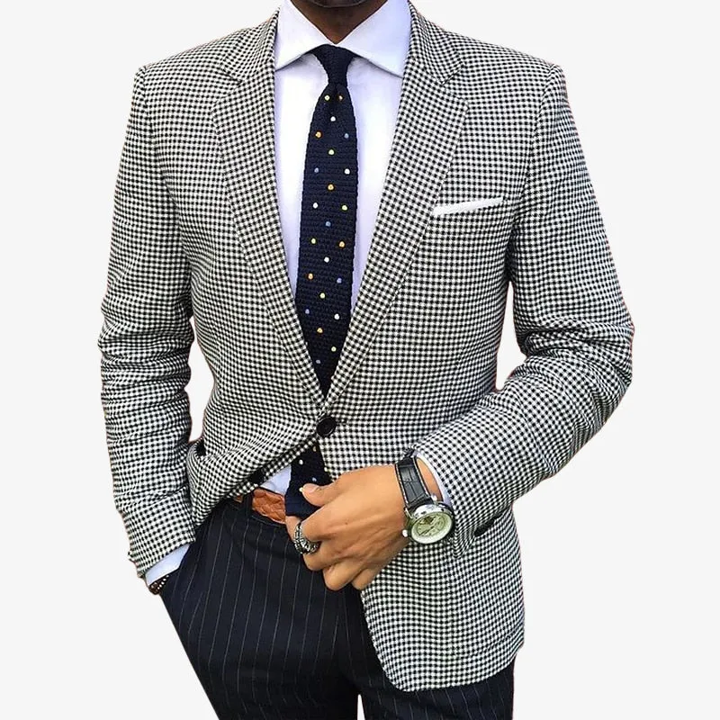 Men's Business Houndstooth Pattern Button Notch Lapel Blazer 250199987