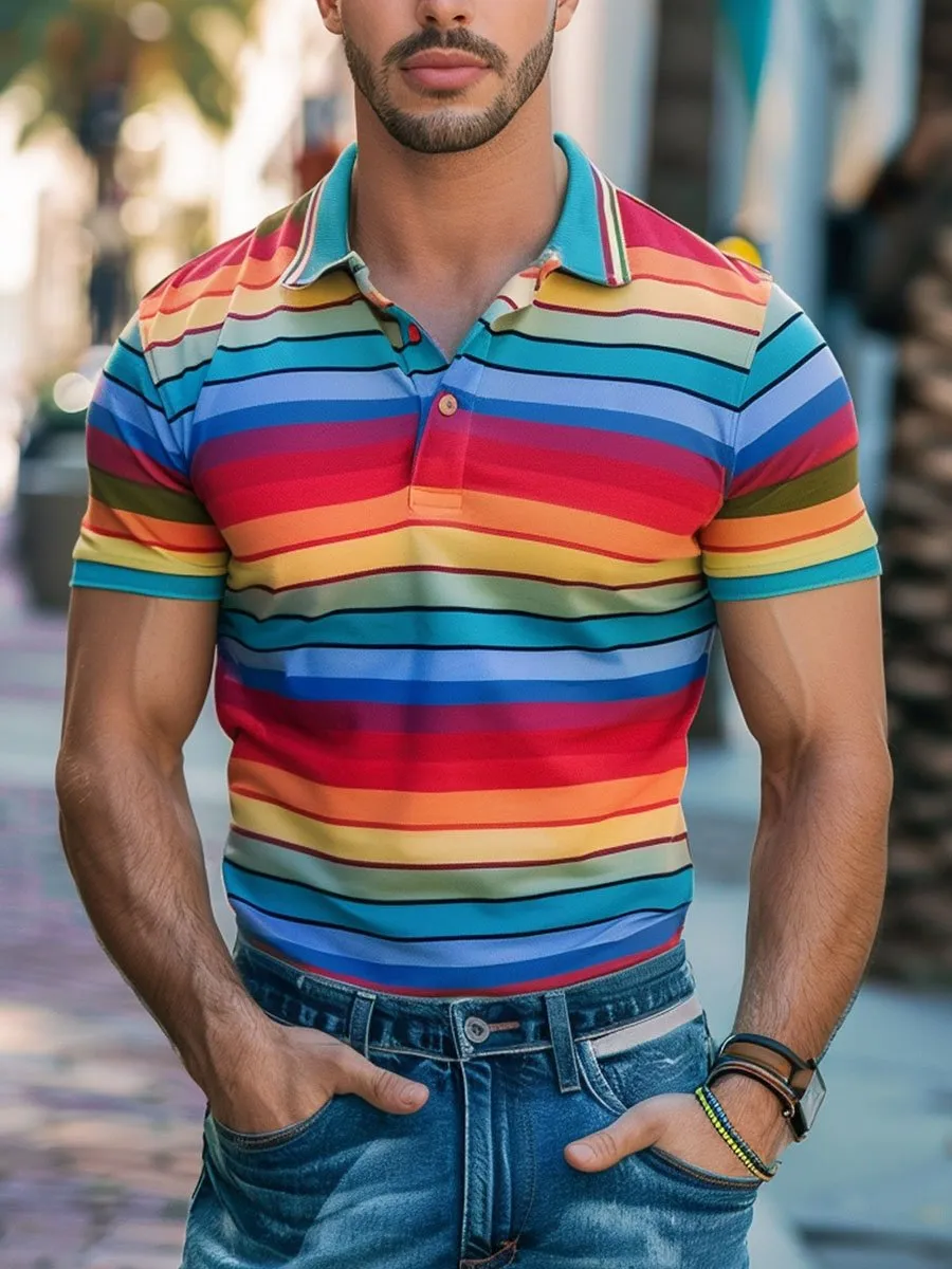 Men's Colorful Striped Print Short-Sleeved Polo Shirt