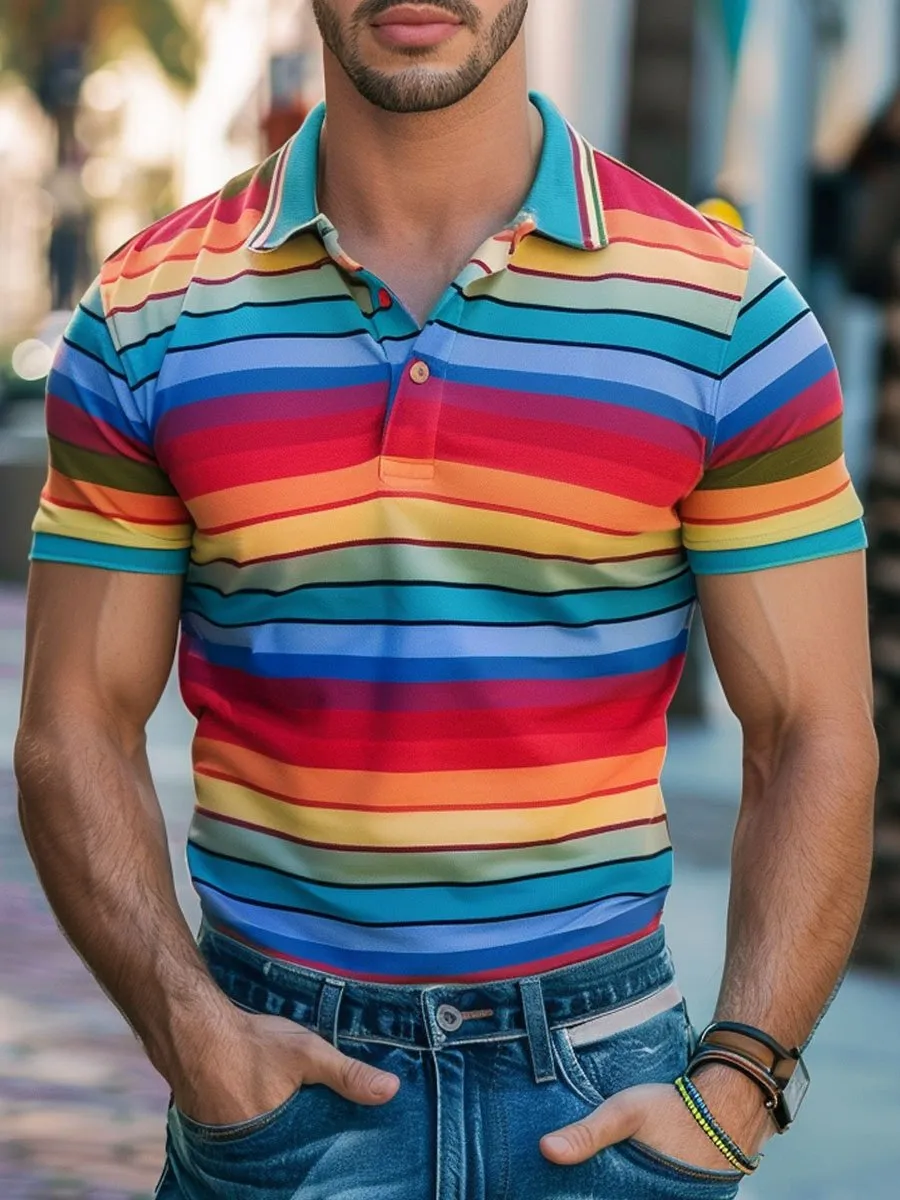 Men's Colorful Striped Print Short-Sleeved Polo Shirt