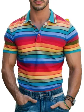 Men's Colorful Striped Print Short-Sleeved Polo Shirt