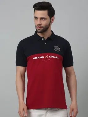 Men's Red Color block Polo neck Half Sleeve T-Shirt with print