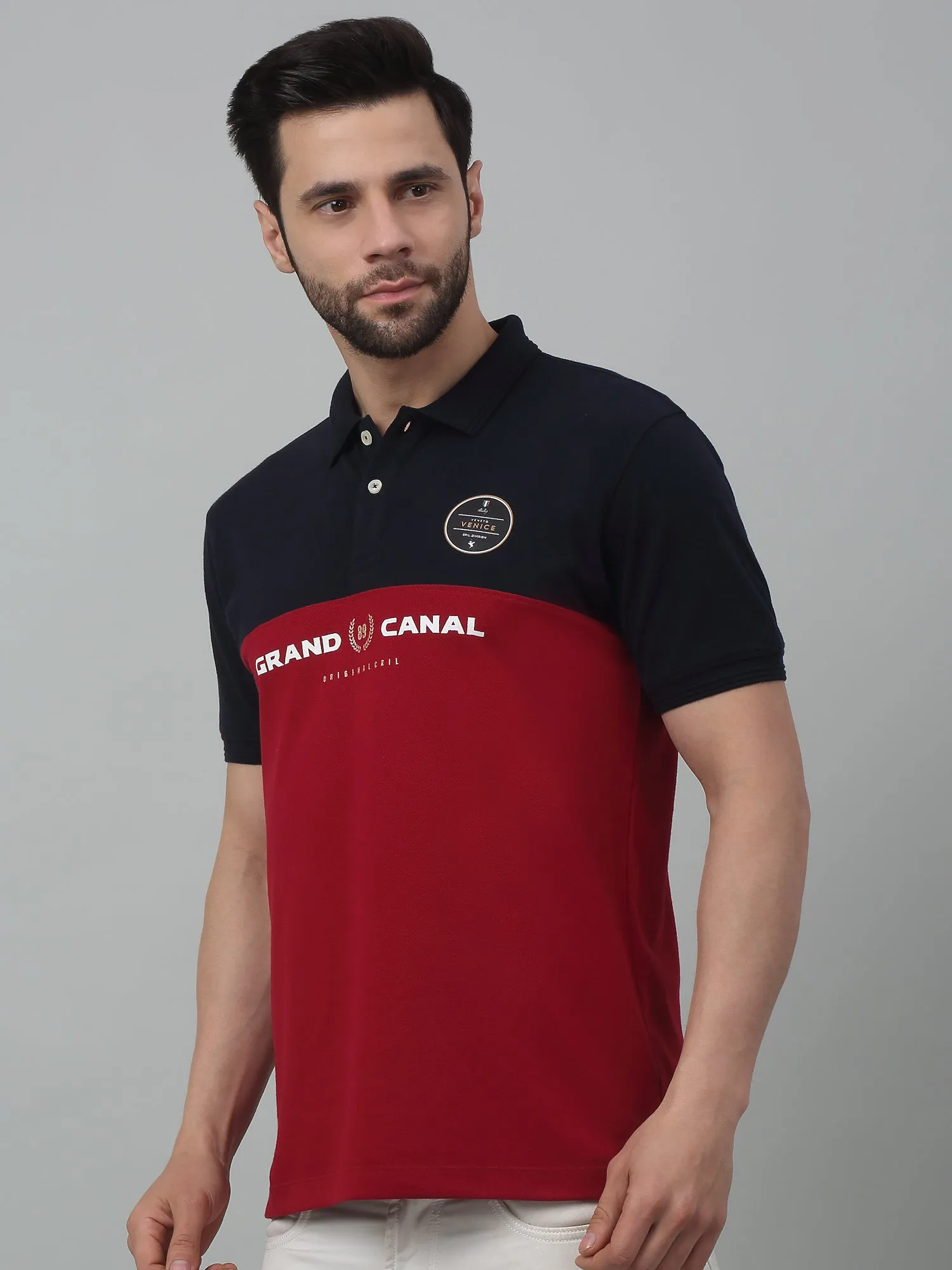 Men's Red Color block Polo neck Half Sleeve T-Shirt with print