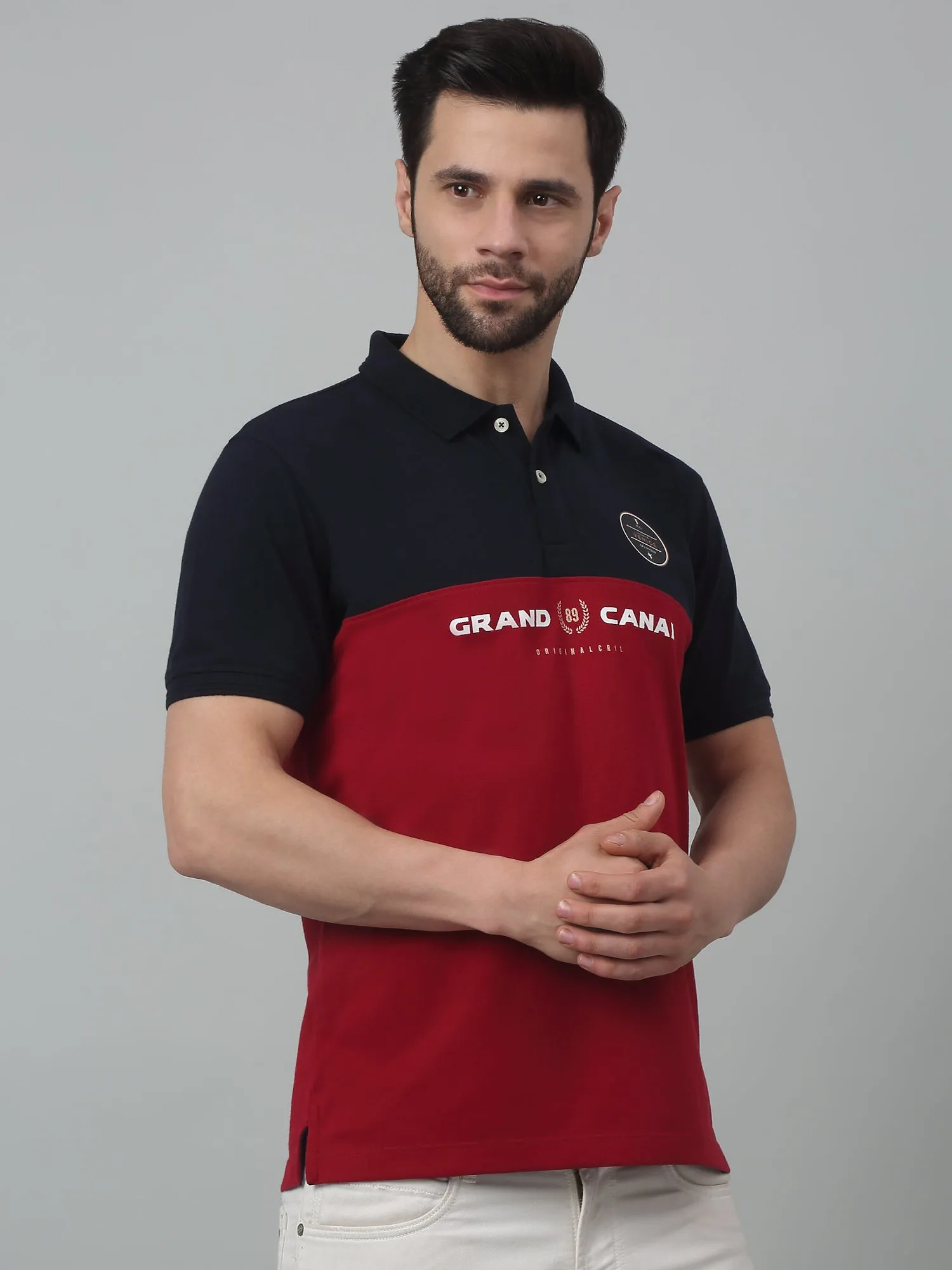 Men's Red Color block Polo neck Half Sleeve T-Shirt with print