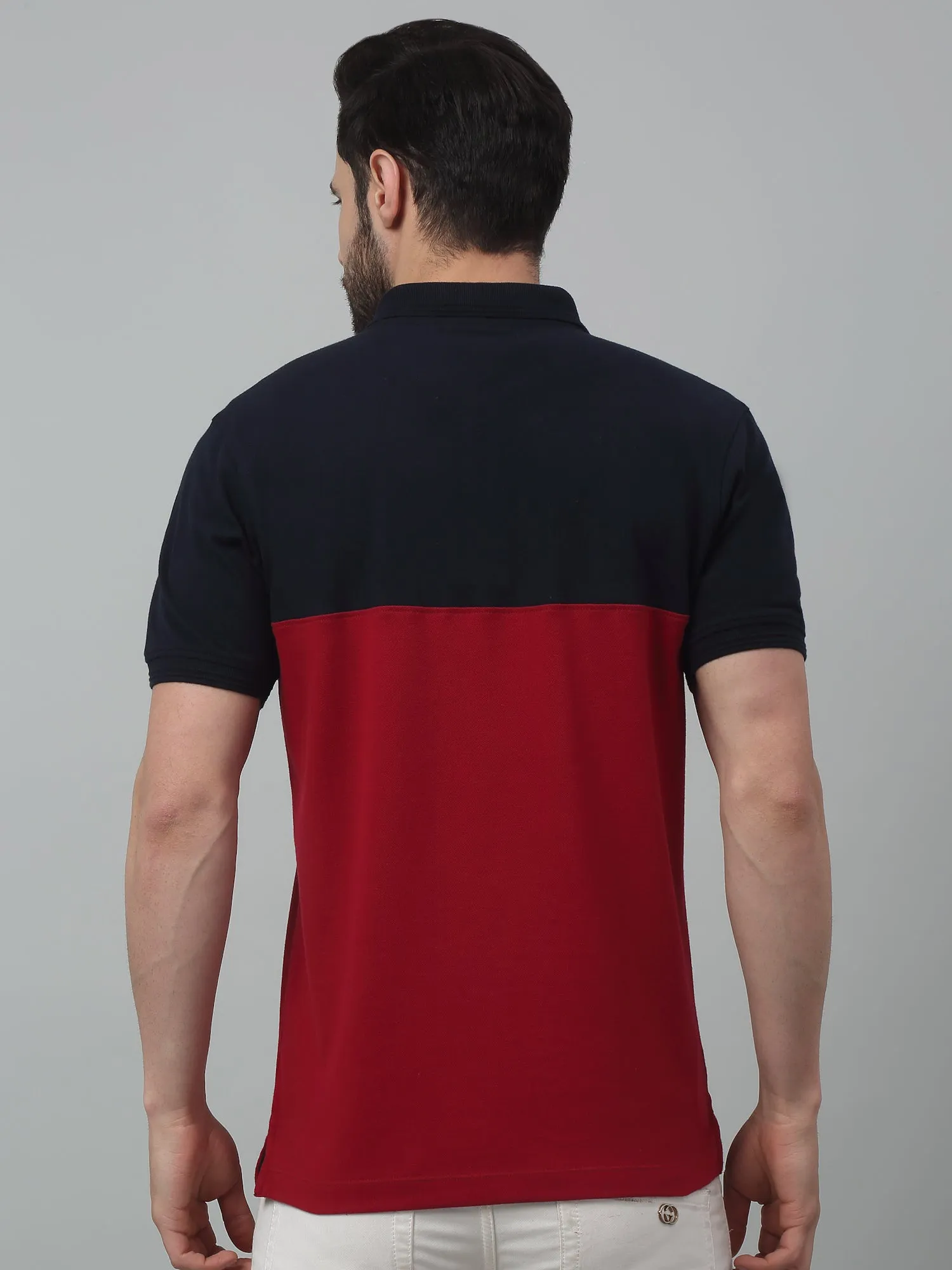 Men's Red Color block Polo neck Half Sleeve T-Shirt with print