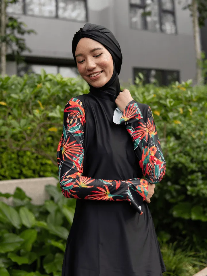 Modernly Modest Bunga Tropical Muslimah Bell Sleeve Swimwear Set in Black / Red (Plus Size Available)