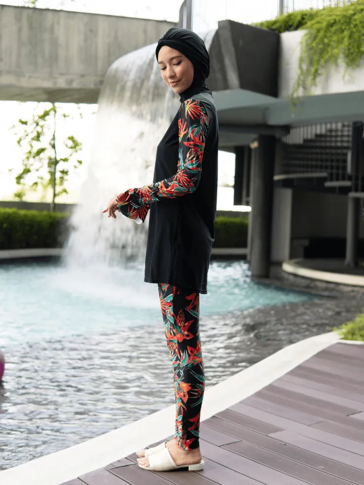 Modernly Modest Bunga Tropical Muslimah Bell Sleeve Swimwear Set in Black / Red (Plus Size Available)