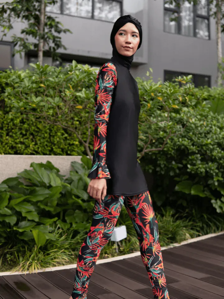 Modernly Modest Bunga Tropical Muslimah Bell Sleeve Swimwear Set in Black / Red (Plus Size Available)