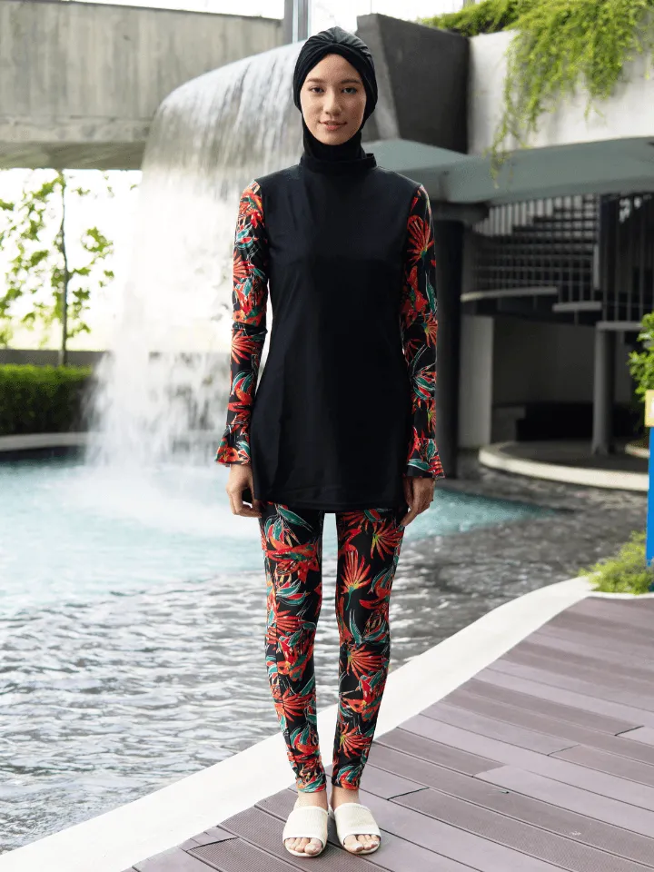 Modernly Modest Bunga Tropical Muslimah Bell Sleeve Swimwear Set in Black / Red (Plus Size Available)