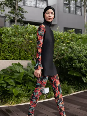 Modernly Modest Bunga Tropical Muslimah Bell Sleeve Swimwear Set in Black / Red (Plus Size Available)