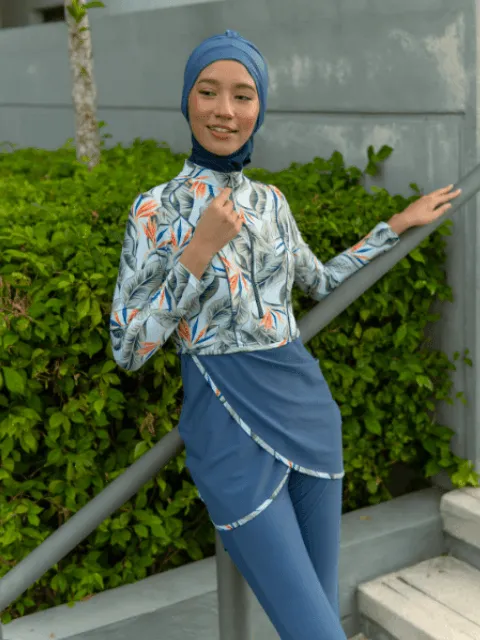 Modernly Modest Raya Tropical Muslimah Swimwear Set in Blue (Plus Size Available)