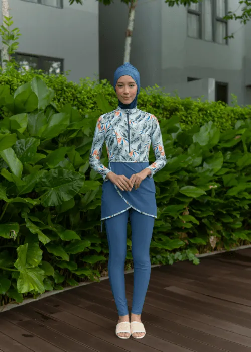 Modernly Modest Raya Tropical Muslimah Swimwear Set in Blue (Plus Size Available)