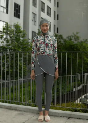 Modernly Modest Raya Tropical Muslimah Swimwear Set in Grey (Plus Size Available)