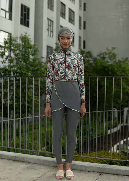 Modernly Modest Raya Tropical Muslimah Swimwear Set in Grey (Plus Size Available)