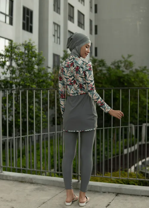 Modernly Modest Raya Tropical Muslimah Swimwear Set in Grey (Plus Size Available)